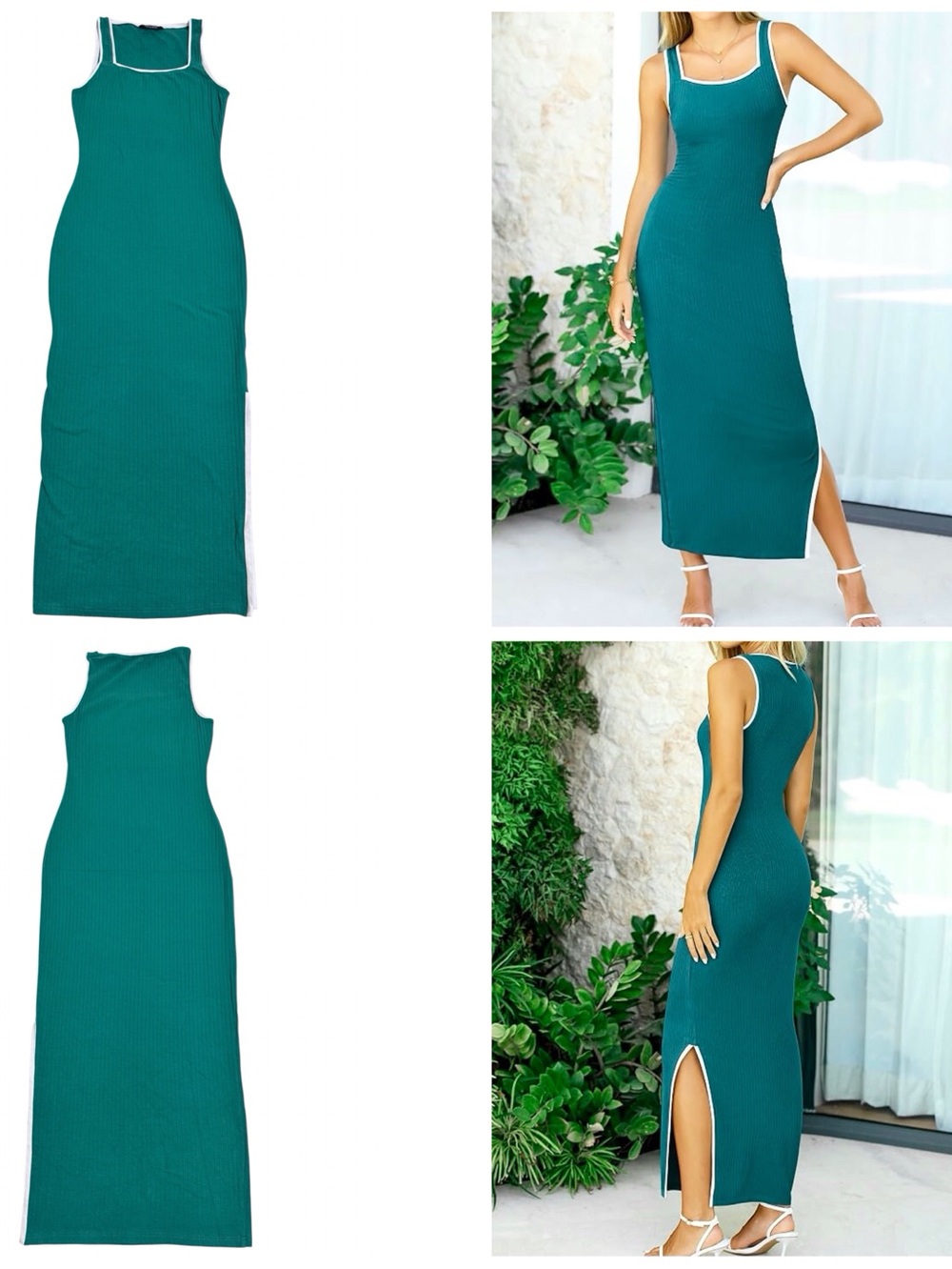 BTFBM Sleeveless Square Neck Ribbed Maxi Dress Size Small in Green White Small